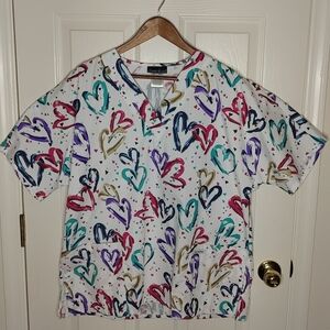CHEROKEE Colorful Heart Print Scrub Top